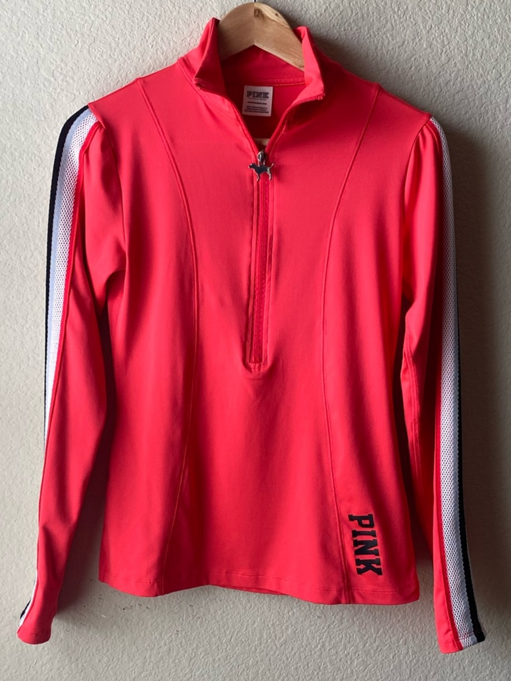 PINK Women's Half-Zip Shirt XS Fruit Punch Red Black Mesh Victoria's Secret Dog